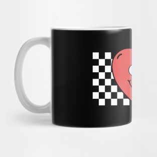 Retro Vintage Aesthetic Heart Smiley Emoji with Chess Board Black and White Mug